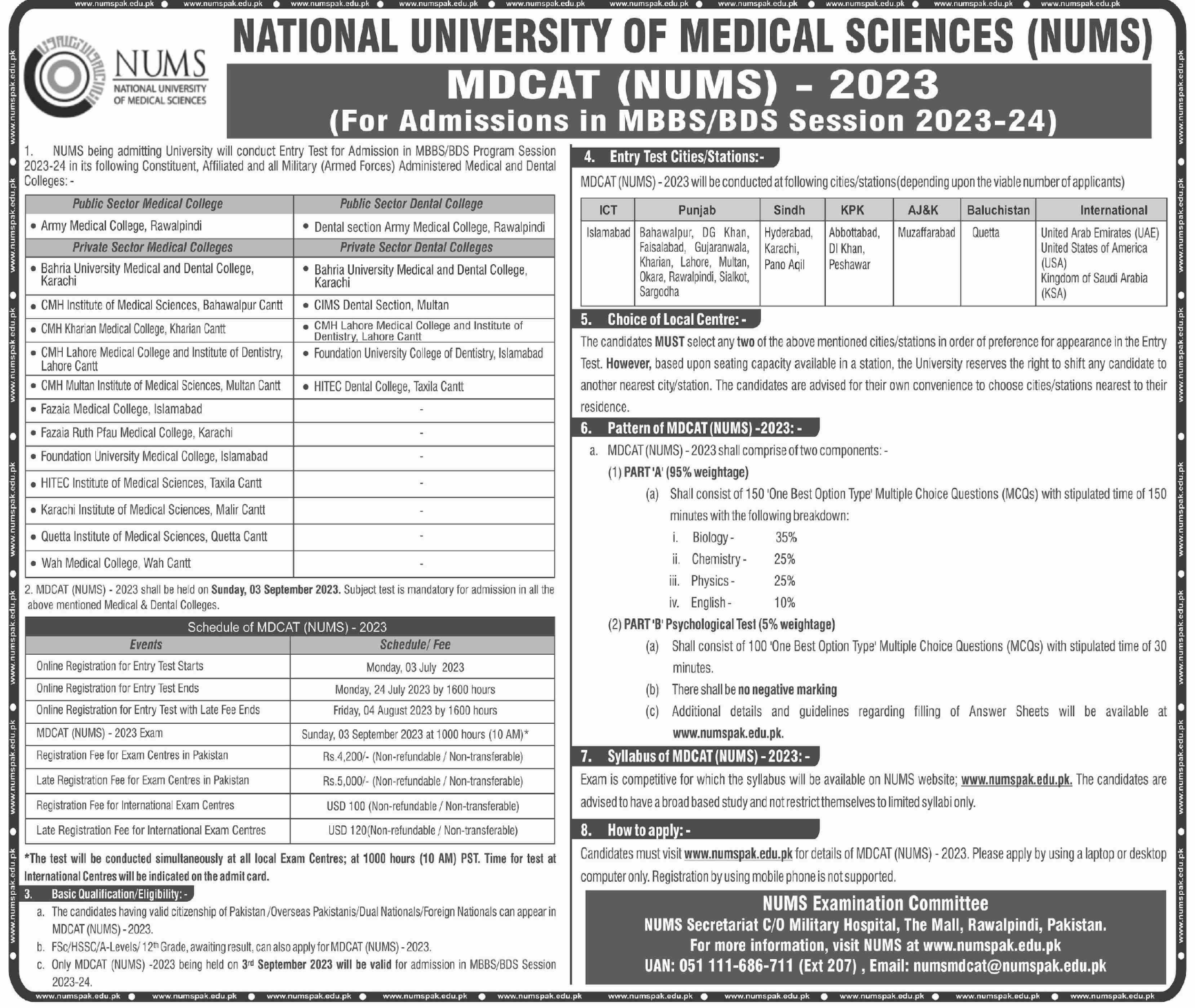 MDCAT (NUMS) 2023 (For Admission in MBBS/BDS Session 2023-24) – BUMDC